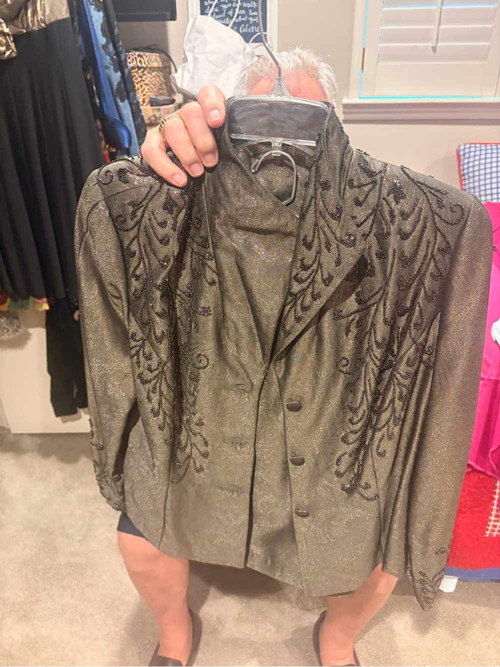 Carmen Marc Valvo Metallic Olive Green Beaded Blazer